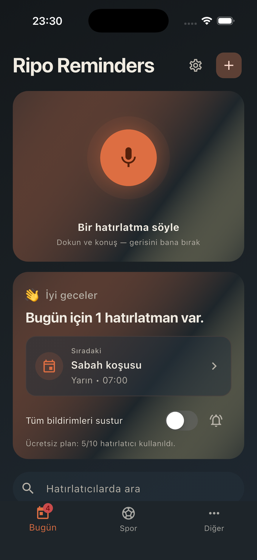 Ripo ana ekranı: büyük mikrofon ve bugünün hatırlatmaları